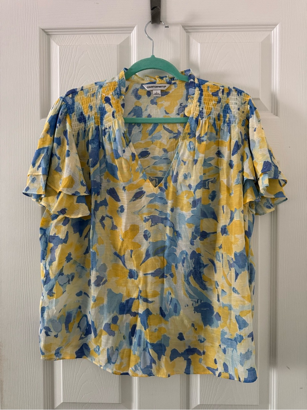 Counterparts Yellow & Blue Floral V-Neck Ruffle Sleeve Blouse